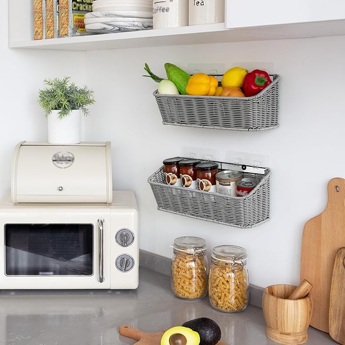 GRANNY SAYS Wicker Hanging Basket, 2 Pack Storage Baskets for Cabinet, Wall Mount Fruit Basket for Kitchen, Adhesive Bathroom Cabinet Organizer, Pantry Organizers and Storage, Gray