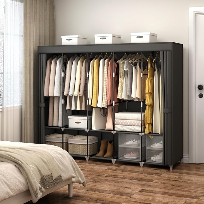 83 Inch Wide Portable Closet Wardrobe, Clothes Storage Rack Organizer with Cover, 5 Clothes Hanging Rods and 10 Storage Shelves, Black