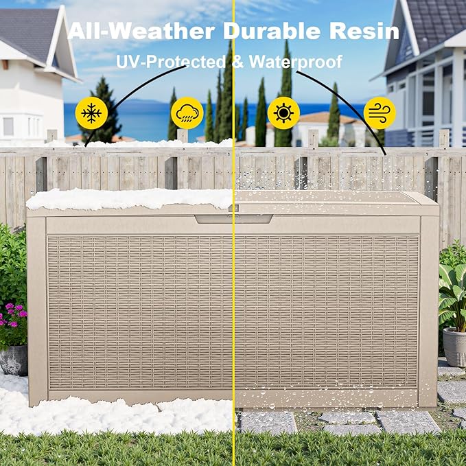 120 Gallon Deck Box Outdoor, Waterproof Outdoor Storage Boxes with Lids, Outside Resin Lockable Storage Box for Patio Cushions, Garden Tools(Grey)