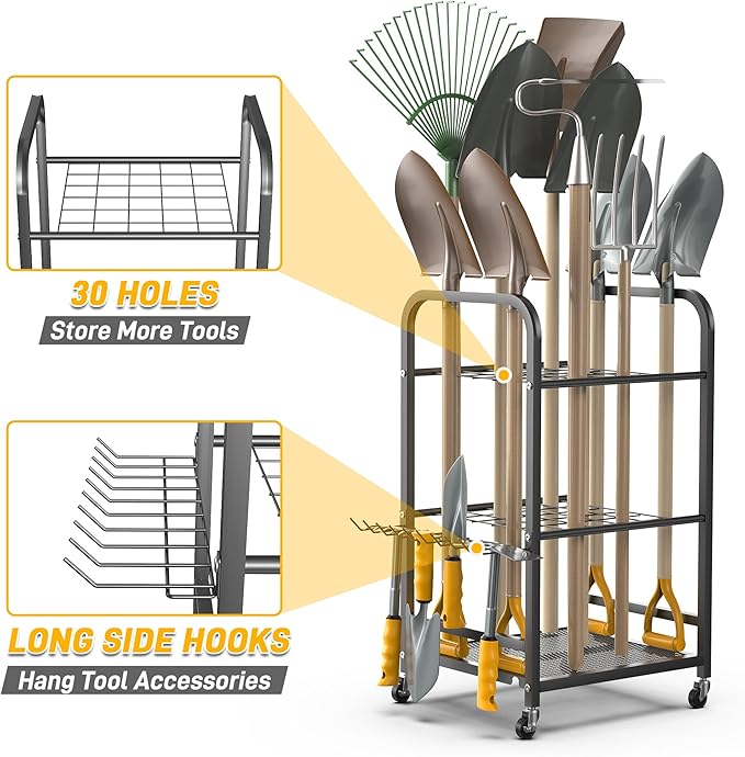 Ultrawall Garden Tool Organizer Stand, Yard Tool Storage Rack with Lockable Wheels, Garage Tool Storage for Rake, Brooms, Indoor & Outdoor Use