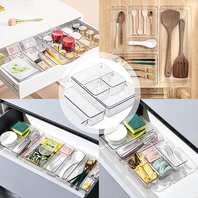 8 Pack Clear Drawer Organizer, 4 Sizes Organization and Storage Trays, Drawer Organizer Bins for Kitchen, Vanity, Bathroom, Office