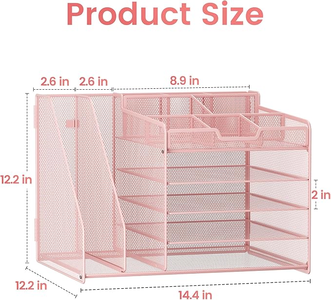 Lavatino 5-Tier Desk Organizer with 2 File Holders, Metal Adjustable Paper Letter Tray for Office or Home Desk Organizers and Accessories | 7 Flexible Dividers Keep Workspace Supplies Neat, Pink