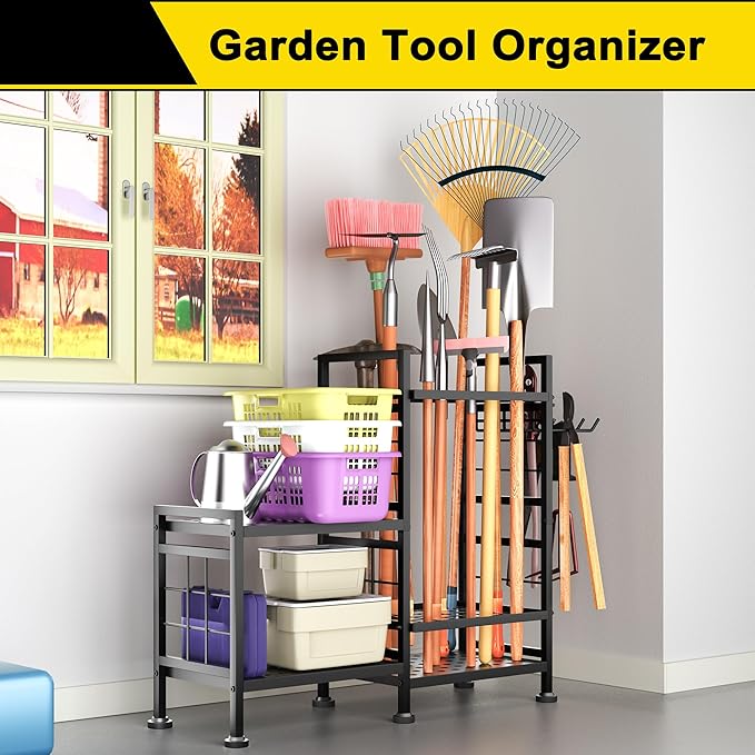 GIOTORENT 5 Tier Garden Tool Organizer, Metal Yard Tools Storage Rack, Garage Storage and Organization, Heavy Duty Garden Tool Organizer for Garage, Yard, Patio, Shed, Indoors and Outdoors, Black