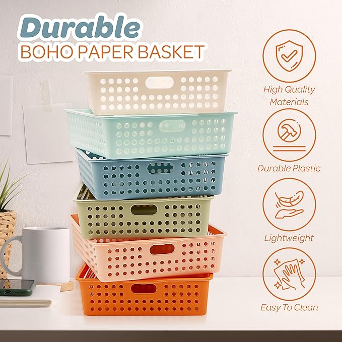 4E's Novelty 6 Pack Classroom Paper Baskets, Organizing Desk Boho Tray for A4 Papers, Classroom Storage Plastic Paper Bins, Fun Turn In Trays for Teachers and Students, Office Desk Room Trays