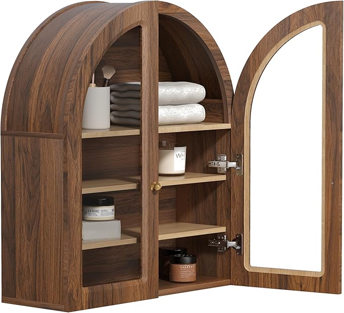 Brown Arched Wall Cabinet, Large Wood Bathroom Medicine Cabinet Wall Mounted Cupboard, Modern Floating Storage Cabinet with Acrylic Door Adjustable Shelf, Wood Organizer (Brown-Oak)