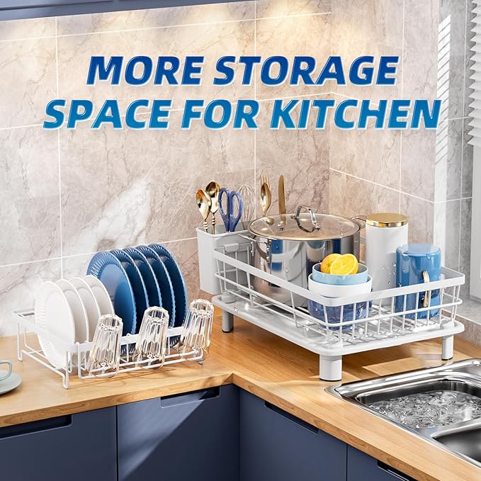 Dish Drying Rack, Stainless Steel-Dish Rack, Dish Racks for Kitchen Counter, Kitchen Dish Drainers with Removable Utensil Holder,New Drain Outlet,Plate Rack and Drainboard (White 3)
