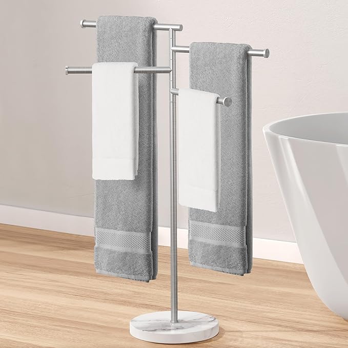 KES Free Standing Towel Racks for Bathroom, Towel Stand with Natural Marble Base, 40 Inch 4 Swivel Bars Floor Towel Rack Stand, Premium 18/8 Stainless Steel, Brushed Finish, BTH219S4-2