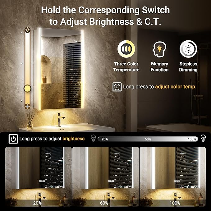 72x32 Lighted Medicine Cabinet Mirror with Magnifying & Night Lamp, 155° Soft-Close Hinge, Surface or Recessed Medicine Cabinet with Lights & Outlet, GFCI,Time Display& Inner Light,Hardwired