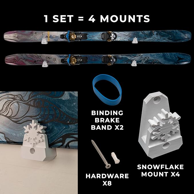 Horizontal Wall Ski Holder – Space-Saving Ski Wall Mount for Garage & Home Storage | Holds 1 Pair of Skis | Mountain, Snowflake & No Design Styles (Black, Mountain | Without Gear Hook)
