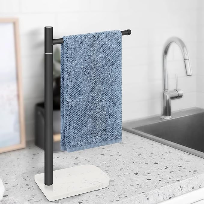 Hand Towel Holder, L-Shape Hand Towel Stand with Marble Base, Stainless Steel Swivel Hand Towel Rack Standing Towel Bar for Bathroom Kitchen Countertop, 1 Arm (Matte Black)