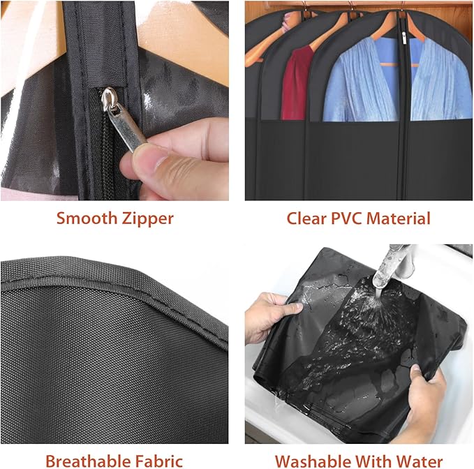 Univivi Long Garment Bags for Hanging Clothes, 65" Dress Bags for Gowns Long for Closet Storage with Large Visible Window for Long Suits, Coats, Dresses, 3 Pack, Black