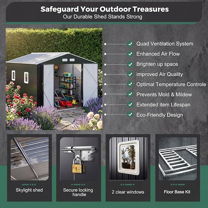 WACASA 10x10 FT Metal Shed with Base Frame Floor Kit | Heavy-Duty Military-Grade 20-Gauge Reinforced Frame with Powder Coating | 50 PSF Snow Load & 120 MPH Wind Rated | Skylight Tiny House Building