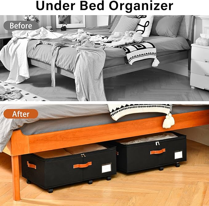 Under Bed Storage Organizer with Wheels, Underbed Container with Clear Lid Cover, Storage Bag Box with Visiable Window for Clothes, Bedsheet, Pillow, 2 Pack