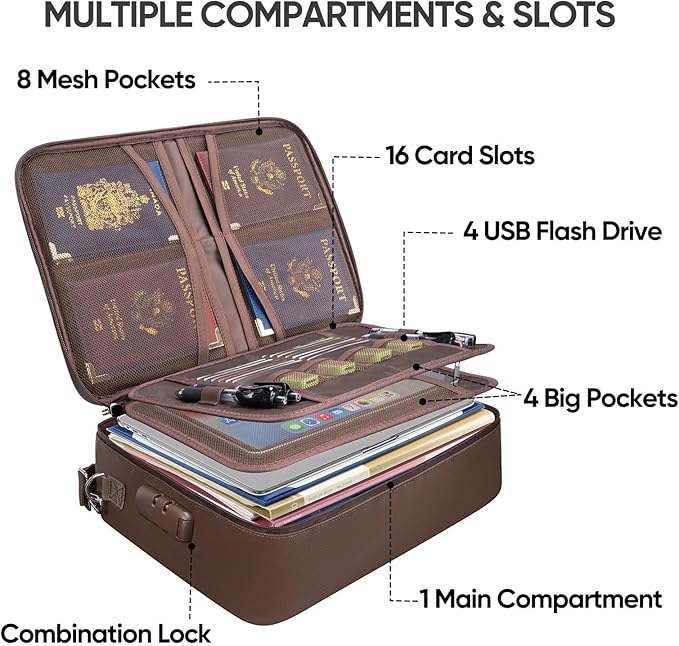 BALEINE Fireproof Document Box with Lock, Portable Fireproof Document Bag Waterproof Fire Proof File Boxes for Documents, File Organizer Box for Important Paperwork (Brown, 15''x11''x4'')