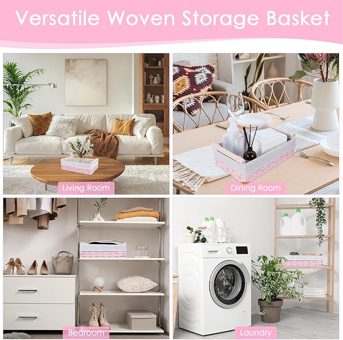 Wicker Storage Basket with Wooden Handle – Paper Rope Decorative Toilet Paper Baskets & Bathroom Organizer for Toilet Tank Top, Shelves, Bedroom, Countertop,Home,Office Storage Bins, 2 Pack,Pink