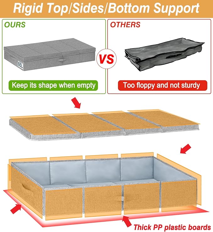 punemi Extra Large Under Bed Storage 65L, 42*16.5*5.8 in Tall underbed storage containers with Lids, Sturdy Closet Organizers and Storage Bins Bags for Blankets Comforter Sweaters Wrapping Paper 2PACK