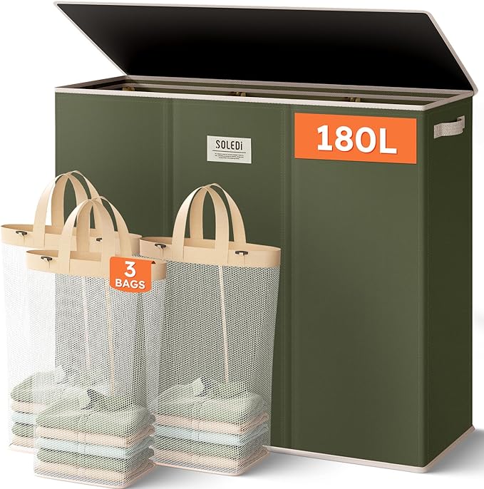 SOLEDI 180L 3-Section Laundry Hamper with Lid, Extra Large Dirty Clothes Basket with Sturdy Handles for Laundry Room & Bedroom - Durable Organizer for Sorting Laundry