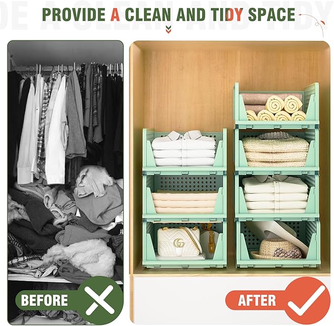 Stackable Plastic Storage Drawers for Closet Organizers and Storage, Open Storage Bins Closet Shelf Clothes Organizer for Closet Wardrobe (5, Green)