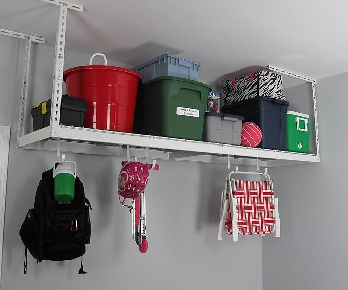 SafeRacks – 2x8 Overhead Garage Storage Rack - Height Adjustable Steel Overhead Storage Rack - 400 Pound Weight Capacity (White, 12"-21")