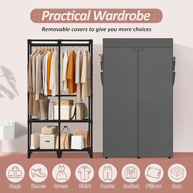 Wardrobe Closet, Quick and Easy Assembly, Gray Portable Closet with 2 Hanging Rods 4 Storage Shelves and Side 8 Pockets, Sturdy and Stable Clothes Rack with Cover, for Bedroom and Dormitory