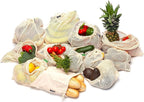 12+1 Reusable Produce Bags Grocery Washable, Organic Cotton Mesh Produce Bags, Double-Stitched & Tare Weigh, Mesh bags for vegetables, Cotton Produce Bags Reusable Washable, Produce bag 4xS, 4xM, 4xL