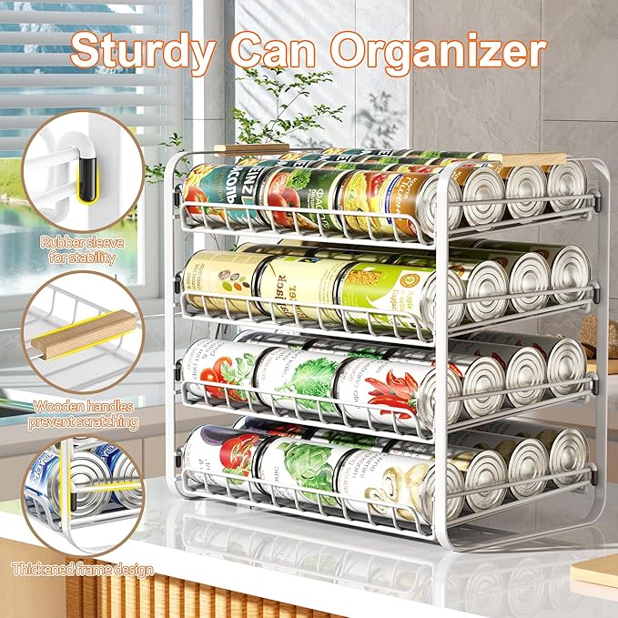 MAXIFFE 4 Tier Can Organizer, Space-Saving Easy Assembly Adjustable Sturdy Metal Hold 48 Cans Storage Holder Rack Dispenser for Pantry Kitchen Cabinet Countertop RV, for Soda Drinks Fruits, White