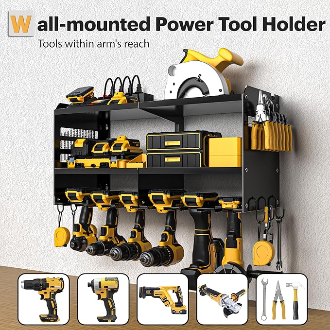 Power Tool Organizer Wall Mount with Charging Station, 3 Layer Heavy Duty Metal Tool Storage Rack Loads 420lbs with 6 Cordless Drill Holder, Idea Gifts for Men, Garage Workshop