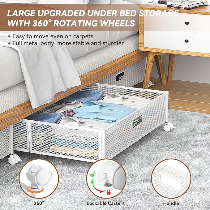 Under Bed Storage Containers with Wheels - Shoe Storage Organizer Drawer, Tool-free Assembly Metal Underbed Storage Containers for Bedroom Clothes, Shoes, Blankets - 2Pack