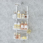 SWTYMIKI Shower Caddy Hanging Organizer - 3-Tier Rustproof Shower Organizer Over Showerhead with Adjustable Baskets, 24 Hooks, Soap & Razor Holder - No Drill Large Bathroom Storage Rack, White