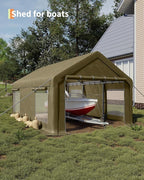 GarveeLife 13x20 ft Portable Garage, Car Port with 220 g PE Tarp Cover, with Front & Rear Roll-Up Doors and 4 Windows, for Temporary Paint Booth, Boats&Pickups Shed, and Event Shelter, Khaki