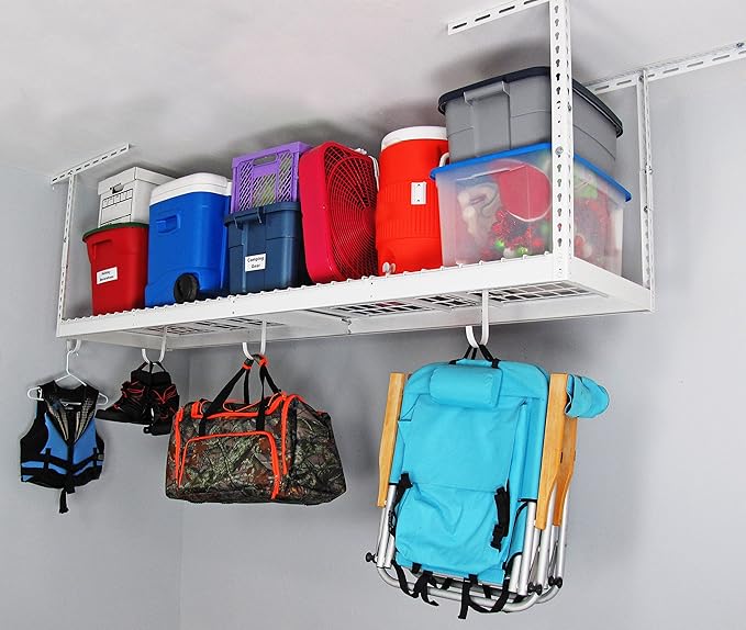 SafeRacks – 2x8 Overhead Garage Storage Rack - Height Adjustable Steel Overhead Storage Rack - 400 Pound Weight Capacity (White, 12"-21")