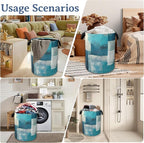 Turquoise Grey Abstract Art Painting Laundry Basket,Foldable Oxford Cloth Geometric Laundry Hamper with Handles, 20.8"x16" Tote Bag Clothes Storage Bucket for Laundry Room/Bathroom/Bedroom/Dormitories