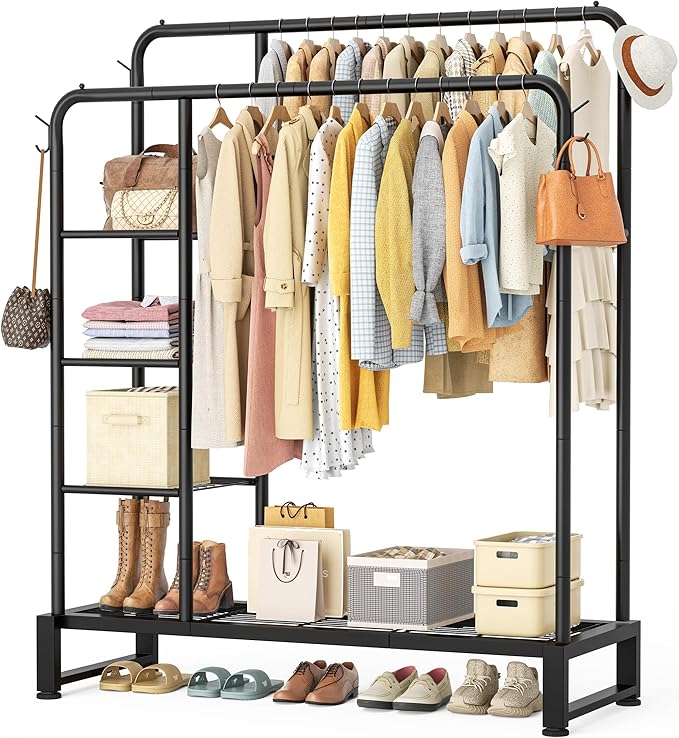 Double Rods Clothes Rack Clothing Rack with 4 Tier Storage Shelves Clothes Rack for Hanging Clothes Multifunctional Heavy Duty Clothes Organizer with Hooks for Bedroom,Wardrobe Closet,Shop,Black