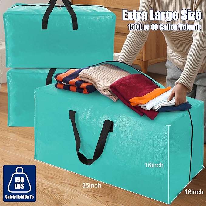 Cosy Family 8 Pack Heavy Duty Extra Large Moving Bags with Backpack Straps - Strong Handles & Zippers, Storage Totes For Space Saving, Fold Flat, Alternative to Moving Box (40 gal, Aquamarine)