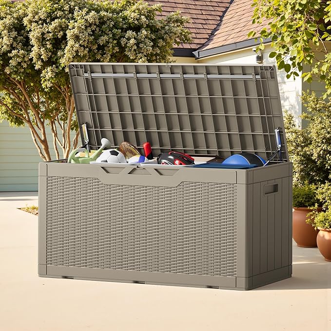 Greesum Outdoor Storage Box 100 Gallon Storage Bin with Lid for Patio Furniture, Garden Tools, Pool Supplies, Lockable, Waterproof and UV Resistant, Light Coffee