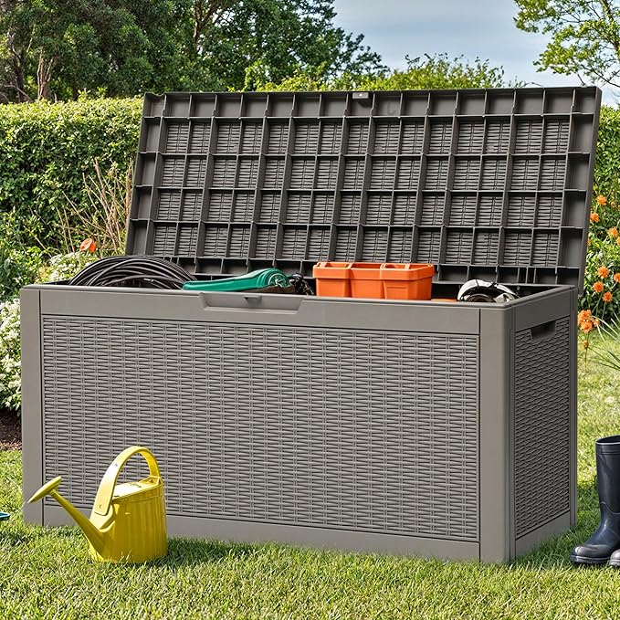YITAHOME 60 Gallon Outdoor Storage Box, Large Water Resistant Resin Deck Box, Indoor Outdoor Lockable Rattan Storage Container for Patio, Garden, Cushions, Tools, Equipment (Taupe)