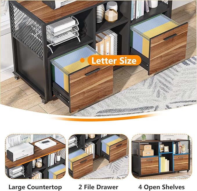 Tribesigns 2 Drawer Wood File Cabinets, Modern Mobile Lateral Filing Cabinet for Letter/ A4 Size, Printer Stand with Open Storage Shelves and Drawer for Home Office, Rustic Walnut
