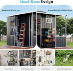 VanAcc 10×10.5×7 FT Metal Storage Shed, Dual-Zone Tool Shed with Work Area, Reinforced Frame, Gable Roof, Ventilated Design, Dark Grey