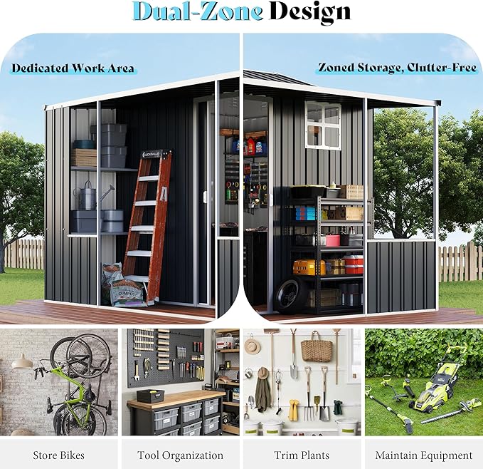 VanAcc 10×10.5×7 FT Metal Storage Shed, Dual-Zone Tool Shed with Work Area, Reinforced Frame, Gable Roof, Ventilated Design, Dark Grey
