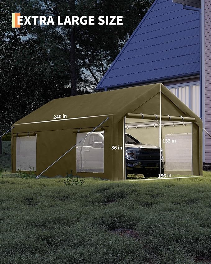 GarveeLife 13x20 ft Portable Garage, Car Port with 220 g PE Tarp Cover, with Front & Rear Roll-Up Doors and 4 Windows, for Temporary Paint Booth, Boats&Pickups Shed, and Event Shelter, Khaki