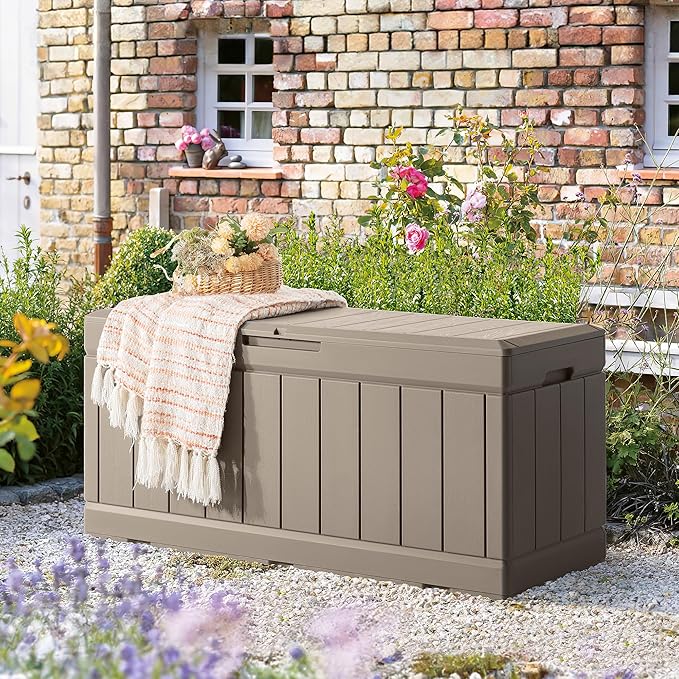 Homall 85 Gallon Large Resin Deck Box Waterproof Outdoor Storage with Padlock Indoor Outdoor Organization and Storage Container for Patio Furniture Cushions, Garden Tools (Brown)