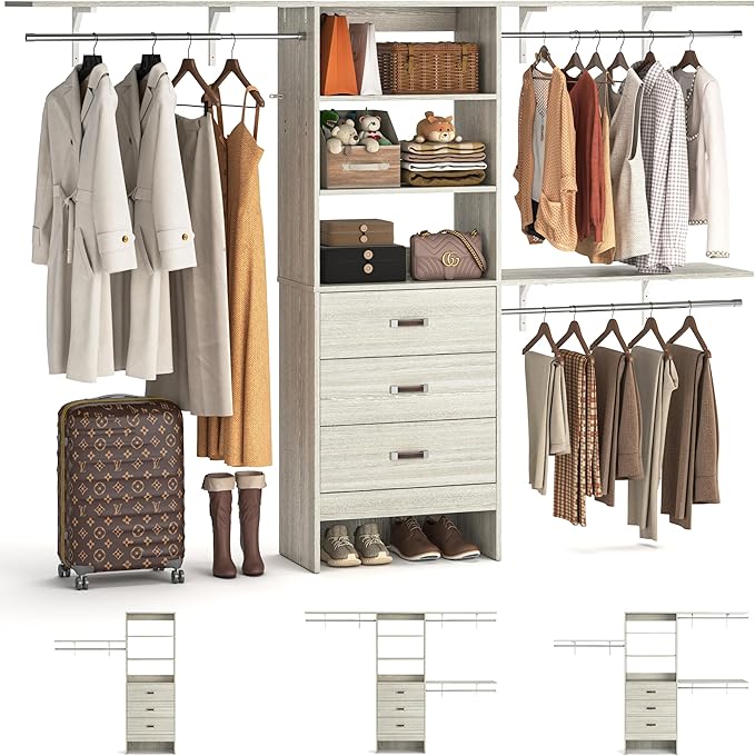 8FT Closet System, 96'' Closet Organizer System with 3 Hanging Rods, Wall Mount Bedroom Wardrobe with 3 Drawers Walk-in Closet, Adjustable Garment Rack from 5 to 8FT(Cut to Fit), White Oak