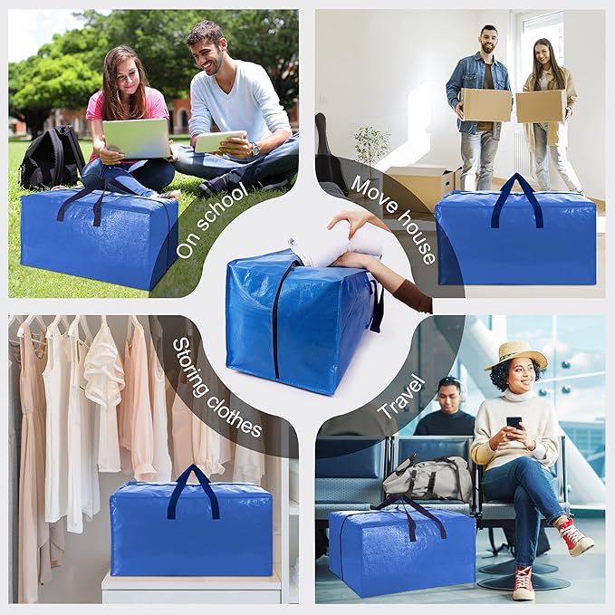 12 Pack Heavy Duty Extra Large Moving Bags W/Backpack Straps - Strong Handles & Zippers, Storage Totes For Space Saving, Fold Flat, Alternative to Moving Box and Storage Bin, Multicolor