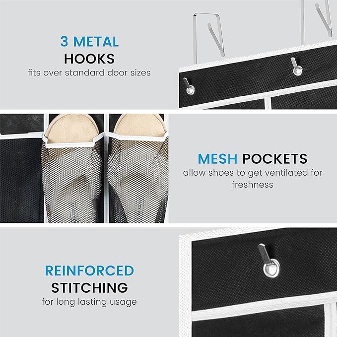 ZOBER Over the Door Shoe Organizer - 12 Mesh Pockets, Space Saving Hanging Shoe Holder for Maximizing Shoe Storage, Accessories, Toiletries, Etc. No Assembly Required, Organizer for Shoes 57½” x 12”