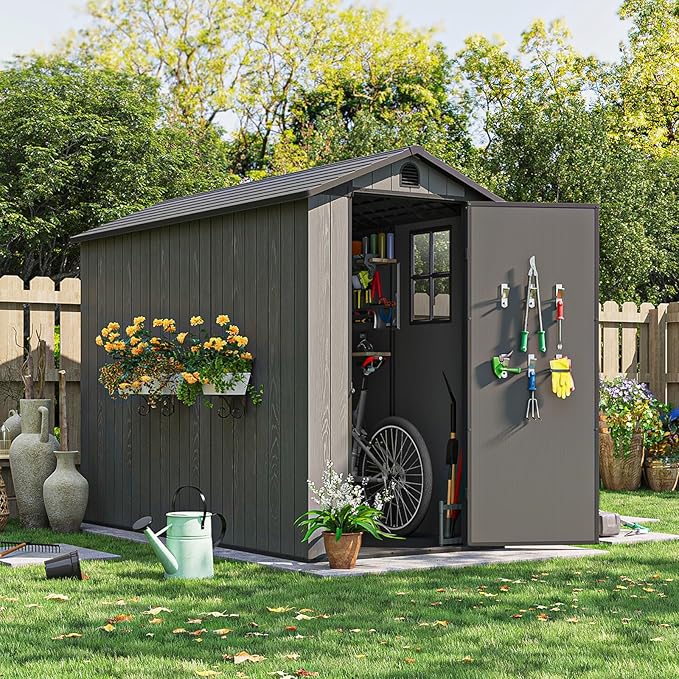 Patiowell 4 x 8 FT Plastic Outdoor Storage Shed with Floor, Garden Tool Shed with Two Windows and Single Lockable Door for Garden, Backyard, Lawn, Easy to Install, Dark Grey