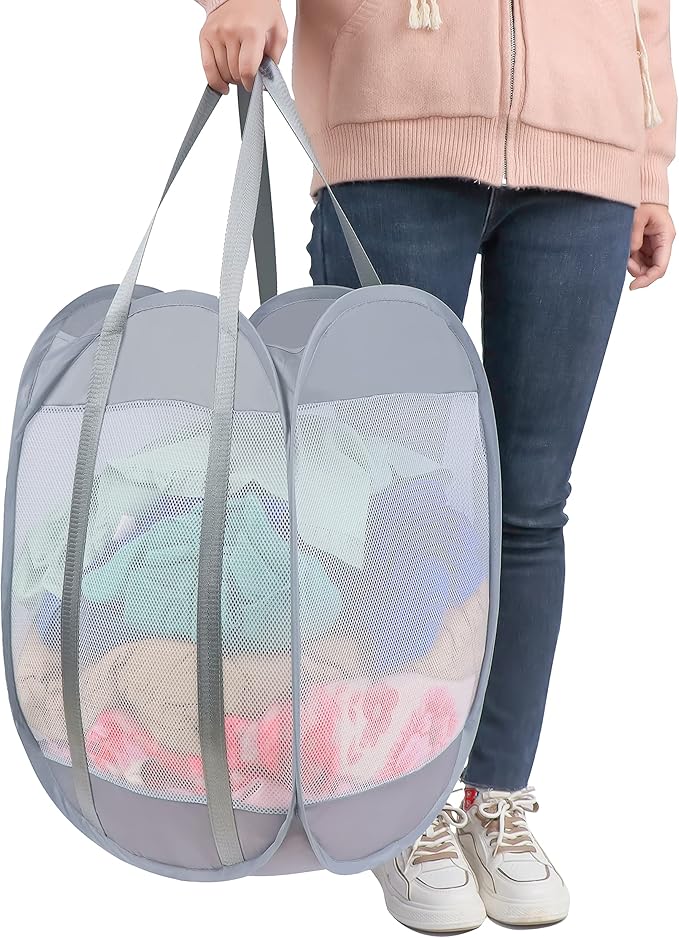 with strong handles Laundry Hamper,Tear Proof Pop Up Laundry Hampers, foldable mesh Laundry basket. Used for travel, laundry room，university dormitory or toy storage, etc.(Vertical (Grey))…………