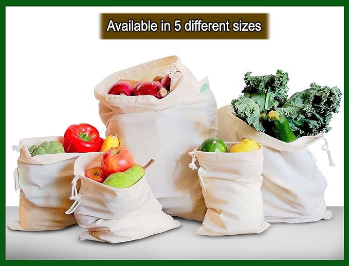 Food Grade Bulk Storage Bags - 6 Pack, XL Size, 100% Organic Cotton Drawstring Closure - Reusable, Washable, All-Natural Muslin Produce Flour Sack Cloth Bags for Grains (6 X-Large” 14”x18”)
