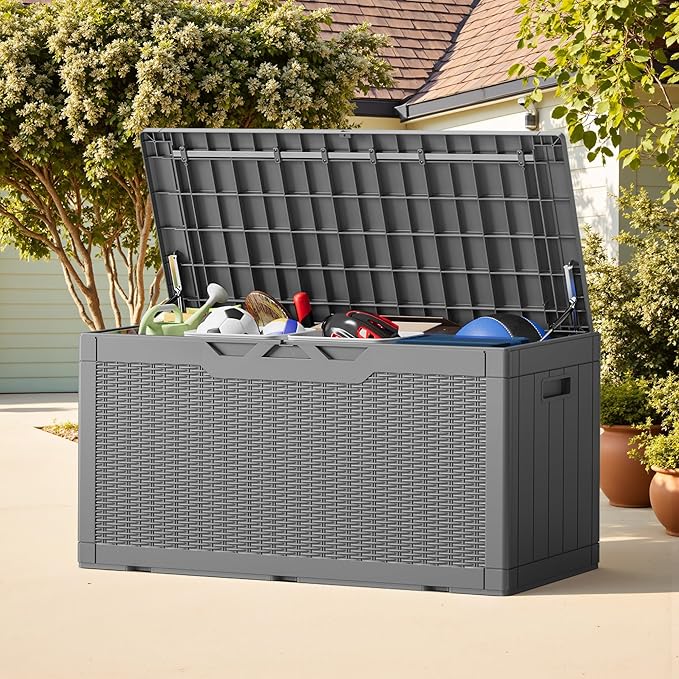 Greesum Outdoor Storage Box 100 Gallon Storage Bin with Lid for Patio Furniture, Garden Tools, Pool Supplies, Lockable, Waterproof and UV Resistant, Gray