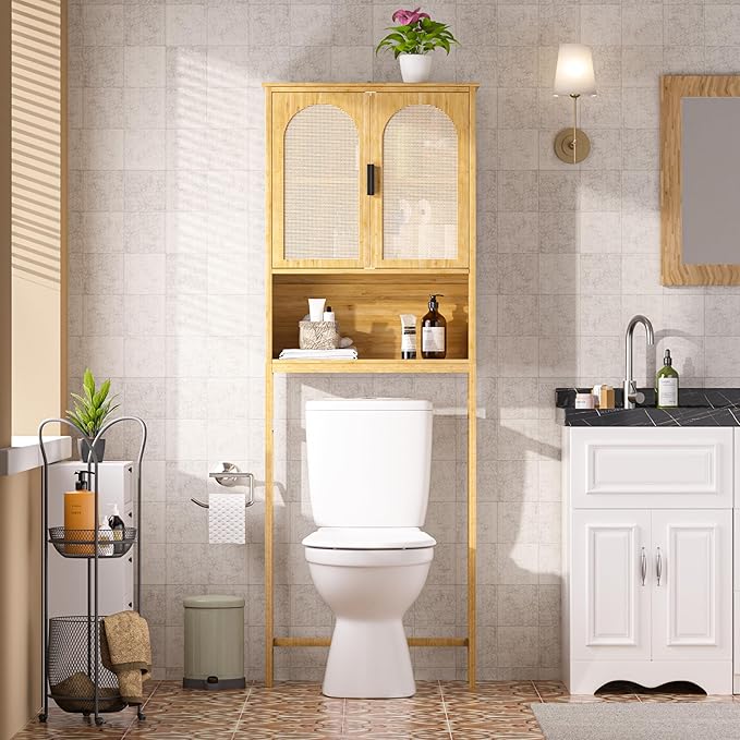 Bamboo Over-The-Toilet Storage Shelf with Inverted U-Shaped Doors, Rattan Surface Bathroom Freestanding Space Saver Organizer with Shelves, Natural