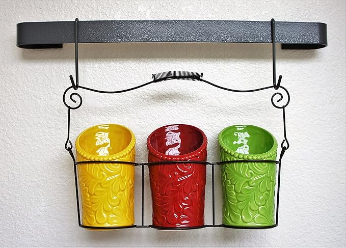 Kitchen Utensil Holder Set (4 Pieces) - 3 Ceramic Crocks & 1 Portable Wire Caddy - Multi-Color